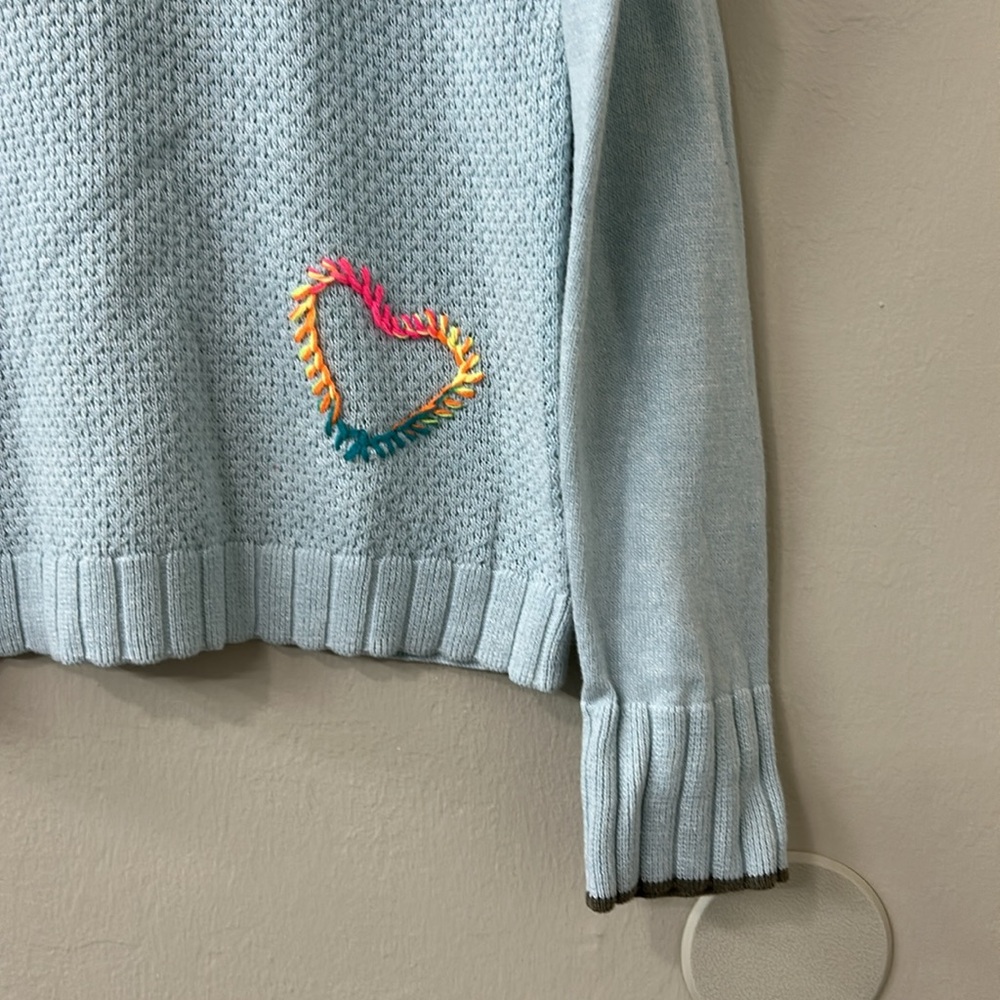 Lisa Todd Lover Light Blue Heart Embroidered Crew Neck Sweater Sz XS - Picture 5 of 7